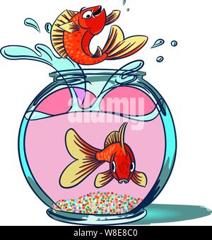 Goldfish Jumping. A fish jumping up from a goldfish bowl showing off as another fish sit at the bottom of the bowl staring out in shock Stock Vector