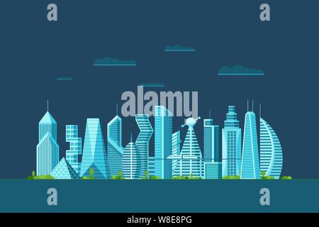 Detailed night future city with different architecture buildings skyscrapers apartments. Futuristic multi-storey cyberpunk graphic cityscape town. Vector real estate urban construction illustration Stock Vector