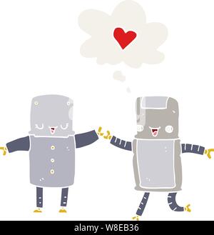 cartoon robots in love with thought bubble in retro style Stock Vector