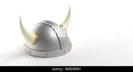 Viking warrior hat with horns isolated against white background, gold details, side view. 3d illustration Stock Photo