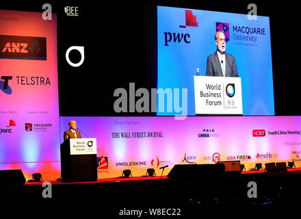 Former U.S. Federal Reserve chairman Ben Bernanke delivers a speech at the World Business Forum in Hong Kong, China, 2 June 2015.   The first World Bu Stock Photo