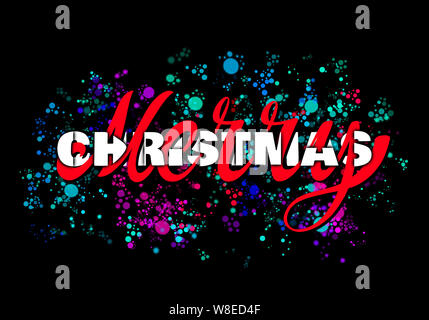 Festive hand lettering - Merry Christmas with colorful ink blots on black background Stock Photo