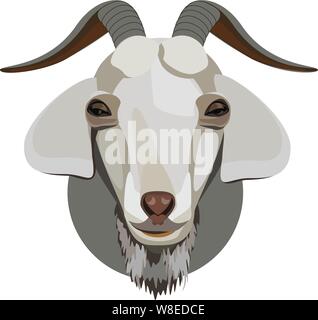 Off white goat head with horns ffloppy ears long snout smile and a beard Stock Vector
