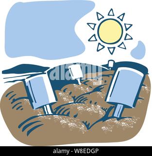 Garden labels along a small dirt garden with hills sun & sky behind done in a loose flat color style Stock Vector