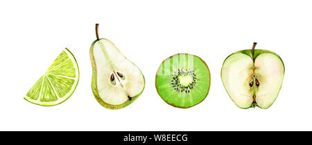 fruits half slice set green apple pear kiwi lime seeds realistic botanical watercolor illustration juicy isolated on white hand drawn, tropical food Stock Photo