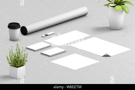 Blank corporate stationery on concrete background. Branding mock up for presentations and business portfolios. 3d rendering Stock Photo