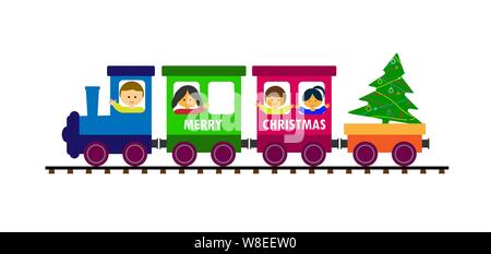 Children's passenger train carries children and Christmas tree. Flat design. Stock Vector