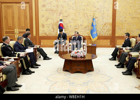 Seoul, SOUTH KOREA. 9th Aug, 2019. Aug 9, 2019-Seoul, South Korea-South Korean President Moon Jae In and US Defense Secretary Mark Esper talking their meeting at President Office in Seoul, South Korea.Mark Esper a two dayscheduled visit South Korea, Discuss regional security and other alliance issues. Credit: President Office/ZUMA Wire/Alamy Live News Stock Photo