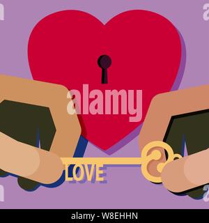 A heart symbol & a key hole with two hands in the foreground passing a key that says "love" Stock Vector