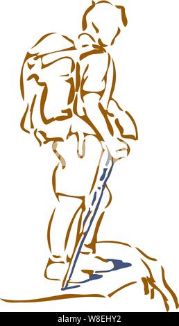 Hiker with a walking stick and backpack standing on a precipus line illustration Stock Vector