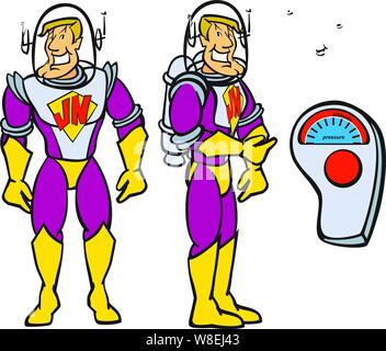 An animated space man with a jet pack & helmet 3 extra mouth expressions and a remote control Stock Vector