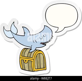 cartoon shark swimming over treasure chest with speech bubble sticker Stock Vector