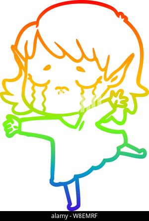 rainbow gradient line drawing of a cartoon crying elf girl Stock Vector