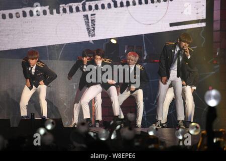 Members of South Korean boy group BTS (Bangtan Boys) perform