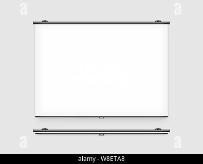 Blank projector screen mockup on the wall. Projector display mock up. Projection presentation clear monitor on wall. Slide show front design. Slideshow billboard banner frame. Projection background. Stock Photo