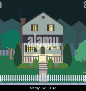 A house at night where the glow of the porch lights illuminate in a heart shape symbolizing heart and home Stock Vector