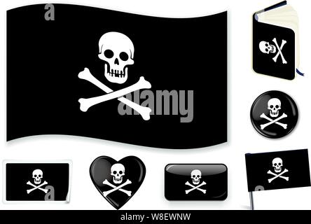 Pirate flag. Vector illustration. 3 layers. Shadows, flat flag, lights and shadows. Collection of world flags. Accurate colors. Easy changes. Stock Vector