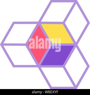 3 box logo styling in a geometrical configuration joined together with a pink, a yellow and a purple facing Stock Vector