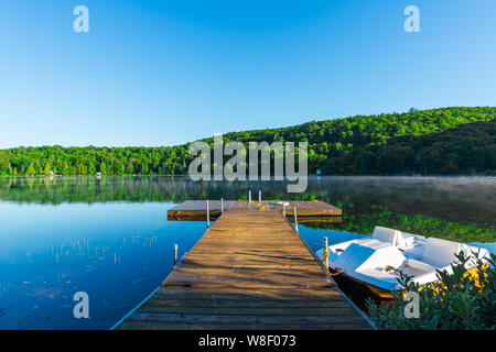 dock overlooking the quiet lake in the morning-2 Stock Photo
