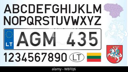 Lithuania car license plate, letters, numbers and symbols, vector illustration, European Union Stock Vector