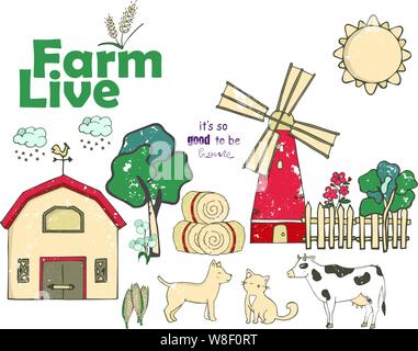 Set of farmers or agricultural workers planting crops, gathering harvest, collecting apples, feeding farm animals, carrying fruits, milking cow Stock Vector