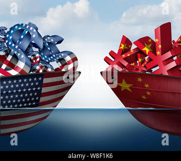 China US currency dispute and trade war as a Chinese yuan symbol in conflict with the American dollar icon as an economic fight concept. Stock Photo