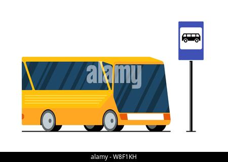 Yellow modern city transport bus on road near bus stop station sign. Vector isolated flat illustration for passenger transportation traffic service vehicle Stock Vector