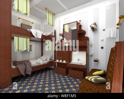 This Artist rendition shows an interior view of the bedroom of a second-class cabin in a full-scale replica of the Titanic ocean liner built by Seven Stock Photo