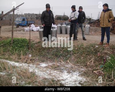 Chinese farmers look at raw milk dumped at a cow farm in Tanjia village, Situ Town, Danyang city, east China's Jiangsu province, 9 January 2015.   The Stock Photo