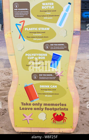 Bournemouth, Dorset UK. 9th Aug 2019. A new temporary art installation arrives at Bournemouth beach comprising of a takeway box, plastic cutlery and single use plastic bottle all made out of wood with messages about plastic pollution and its effect on wildlife. Designed by artist Jack Raisey similar installations have been installed on beaches at Lyme Regis and West Bay.  Credit: Carolyn Jenkins/Alamy Live News Stock Photo