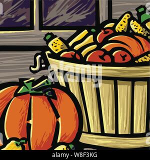 Fall vegetables including pumpkins, corn and gourds in a basket on a wooden porch. Perfect for thanksgiving card or invitation Stock Vector