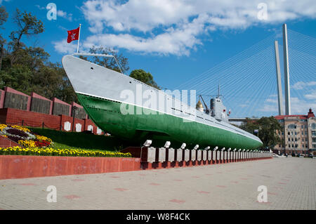 Vladivostok Russia Oct 5 2012, S 56 Submarine and WWII Monument with Tolotoy bridge in background Stock Photo