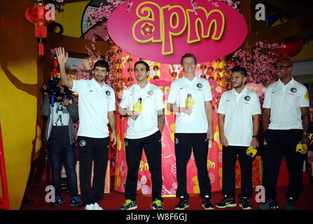 (From left) Raul Gonzalez Blanco, Carlos Mendes, Mads Stokkelien, Andres Flore and Marcos Senna of New York Cosmos pose for a photo at a signing event Stock Photo