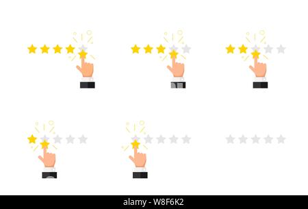 Feedback reputation quality customer review concept flat style set. Businessman hand finger pointing five four three two one zero golden star rating. Vector satisfaction illustration Stock Vector