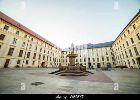 Prague, Czech Republic - July 23, 2019: Fountain at St. Vitus cathedral complex in Prague Stock Photo