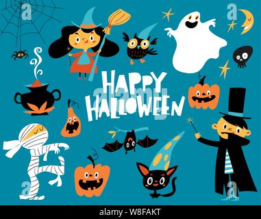 Vector Happy Halloween card with cartoon style Halloween design elements Stock Vector