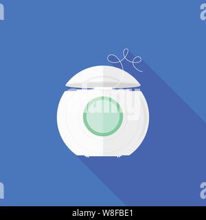 Dental Floss Icon on Blue Background. Tooth Care. White Plastic Box with Green Label for Flossing Teeth. Oral Hygiene Symbol. Medical String for Corre Stock Vector