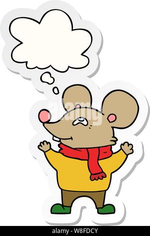 cartoon mouse wearing scarf with thought bubble as a printed sticker Stock Vector