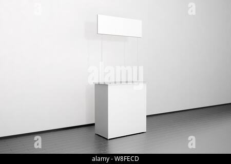 Blank white promo counter mockup stand near the wall, side view, clipping path, 3d rendering. Empty promotional pop up exhibition mock up. Clear store portable desk template. Trade kioskbranding. Stock Photo