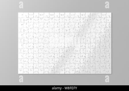 Blank white puzzles game mockup, 3d rendering. Clear jigsaw pieces connected together, design mock up. Big board toy template. Space plastic surface for picture presentation isolated, grey background Stock Photo