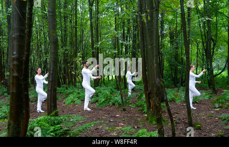 Edinburgh, Scotland, UK. 9 August 2019. Trisha Brown: In Plain Site reconceives some of the US choreographer’s most striking short dance pieces in dynamic relationships with the enchanting landscape of Jupiter Artland — on floating rafts in Charles Jencks’ lakes, in its rich woodlands and sculpted landforms.Credit; Iain Masterton/Alamy Live News Stock Photo