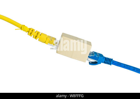 Blue and Yellow ethernet Cat5e cables plug RJ45 cable extender on a white background Stock Photo