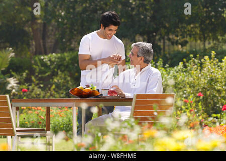 Young man talking to his father in a garden Stock Photo