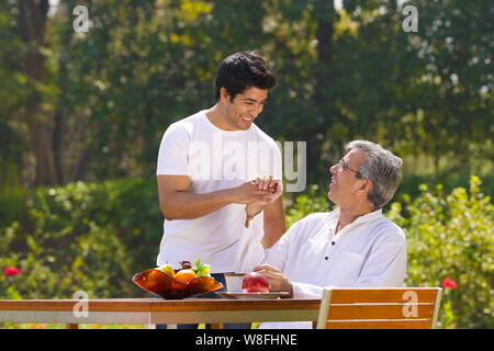 Young man talking to his father in a garden Stock Photo