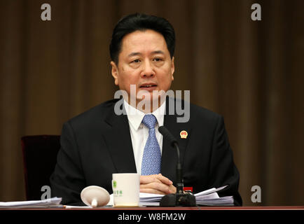 --FILE--Li Xiaopeng, governor of Shanxi province, the son of former premier Li Peng, attends a plenary discussion of the Second Session of the 12th Na Stock Photo
