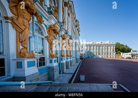 The ornate gold, blue and white exterior of Catherine's Palace in Pushkin, St Petersburg, Russia on 22 July 2019 Stock Photo