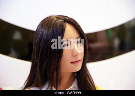 Humanoid robot Geminoid F, produced by renowned robot designer Hiroshi Ishiguro of Osaka University, is on display during the 2015 World Robot Confere Stock Photo