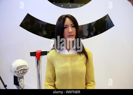 Humanoid robot Geminoid F, produced by renowned robot designer Hiroshi Ishiguro of Osaka University, is on display during the 2015 World Robot Confere Stock Photo