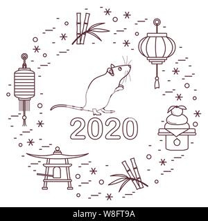 Happy new year. Vector illustration with 2020 year numbers, rat, lanterns, bell, mochi, bamboo, orange. Rat zodiac sign, symbol of 2020 on the Chinese Stock Vector