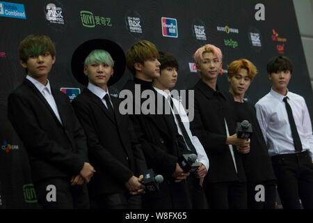 Members of South Korean boy band Bangtan Boys, also known as